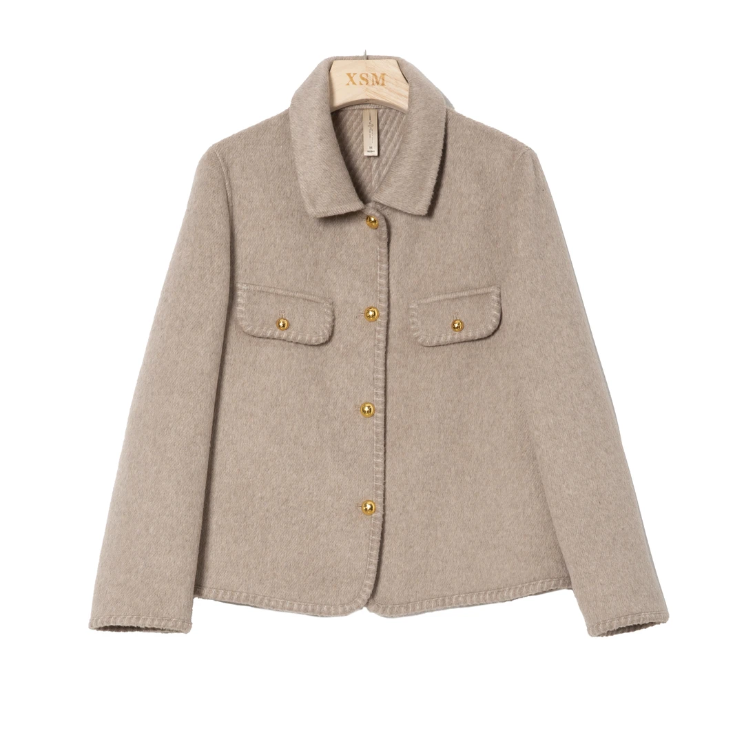 轻奢风翻领时尚百搭毛呢外套HCY26001-2（杏色）LZ