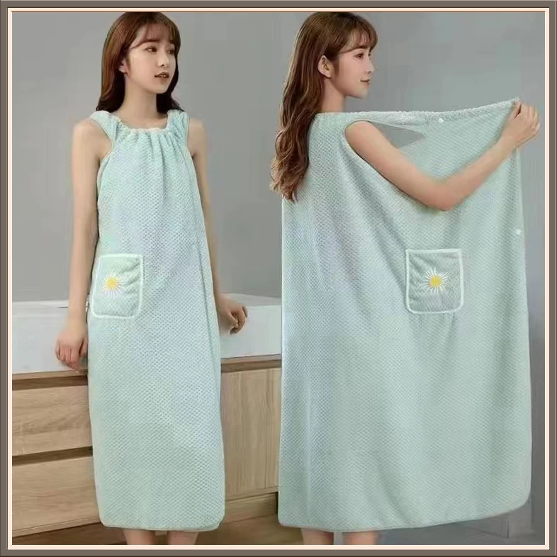 浴巾式浴袍家用女可穿可裹巾HXG纯棉全棉吸水浴裙长款【多宠】