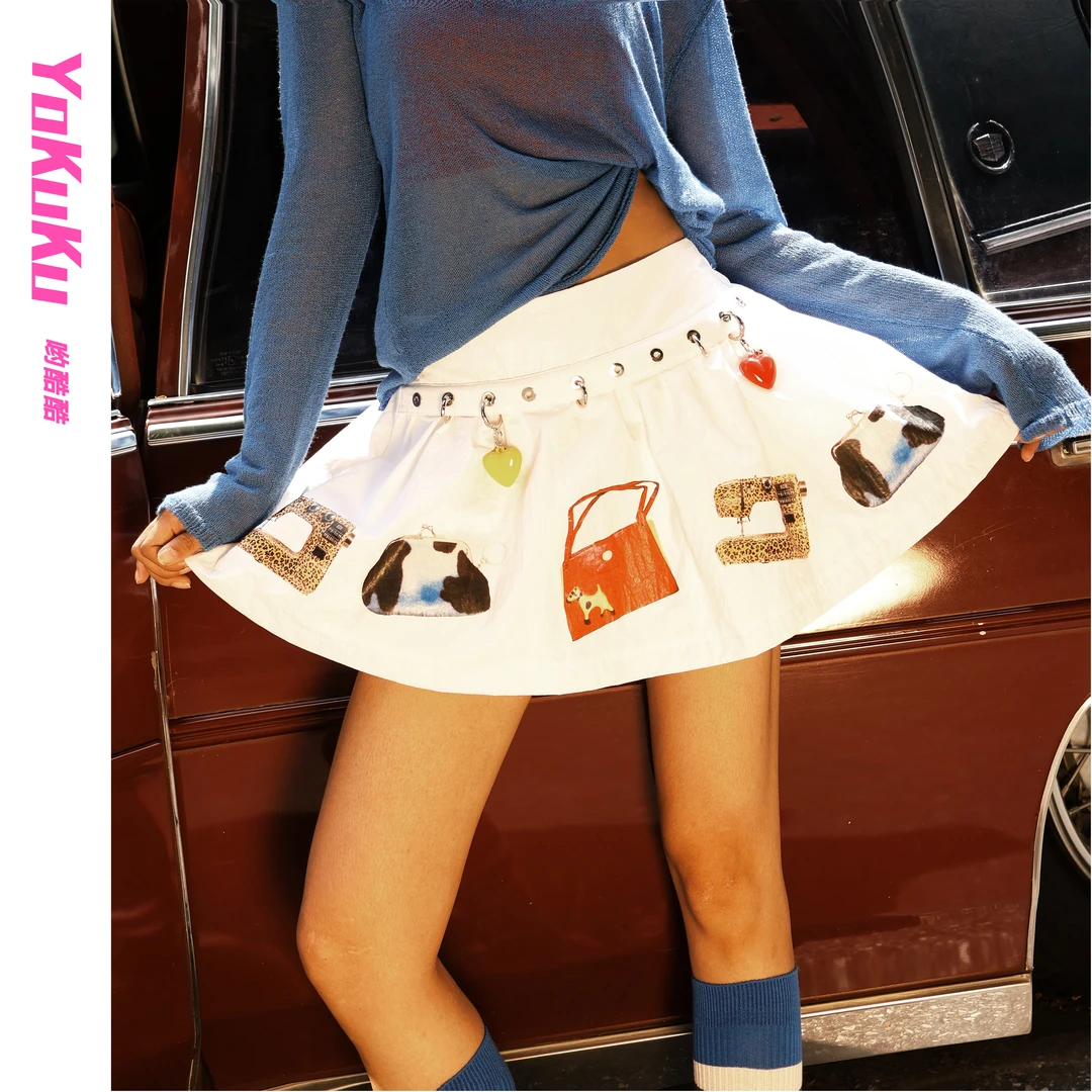 哟酷酷（天生购物狂）美式复古迷你印花趣味挂件蓬蓬半身A字短裙