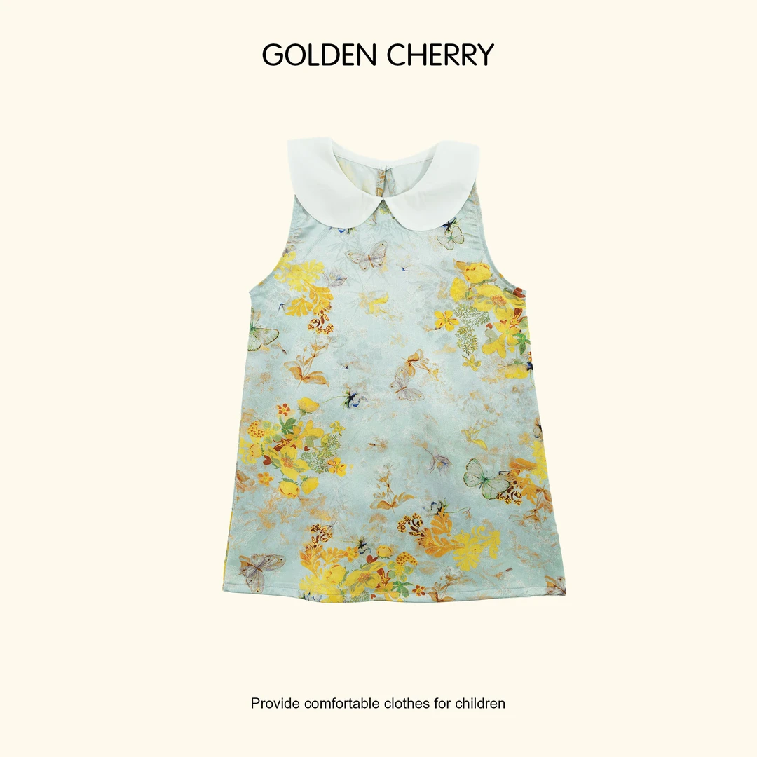 8【金樱桃 Golden cherry】小童白色娃娃领蝴蝶花旗袍QDD169