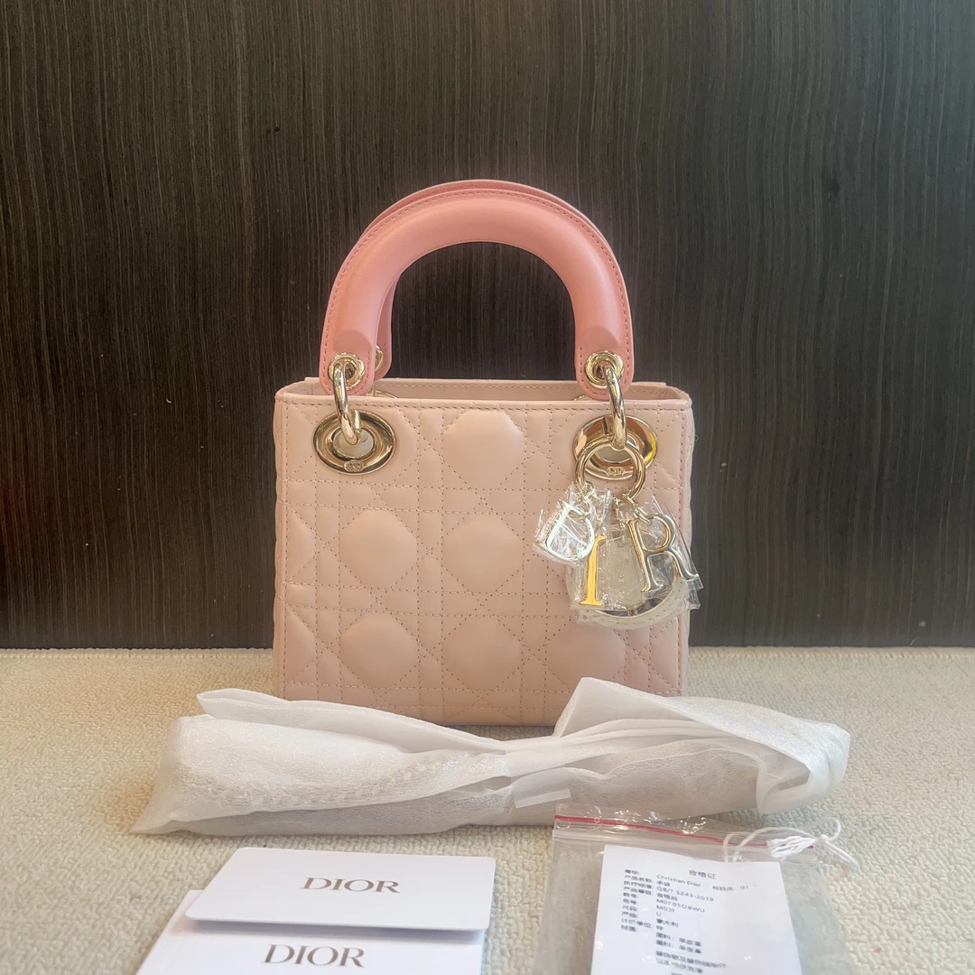 未使用 DIOR/迪奥 闲置新三格戴妃浅粉樱花粉手柄白色包盖 Anwen