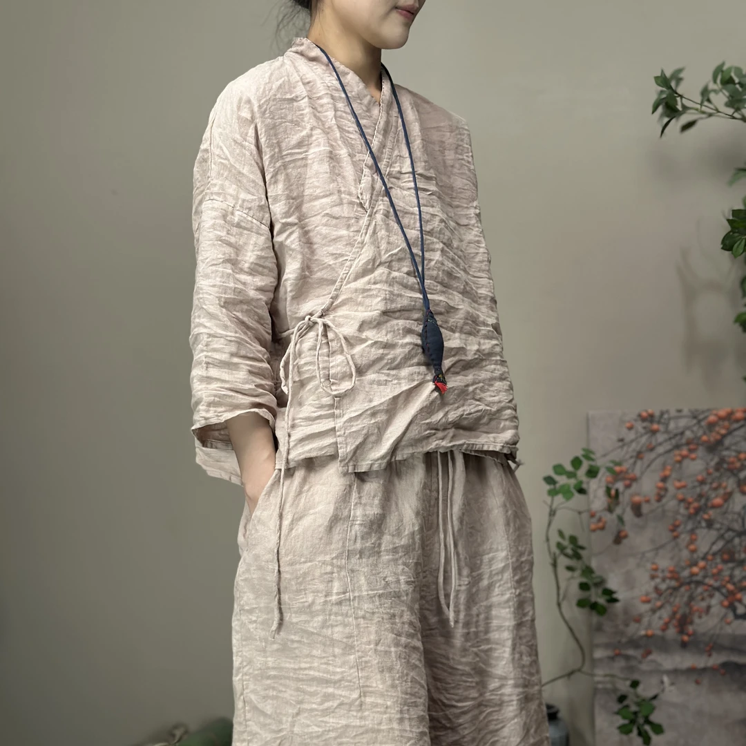 纯衣不染/原创设计/午禾/复古休闲砂洗亚麻斜襟系带衫