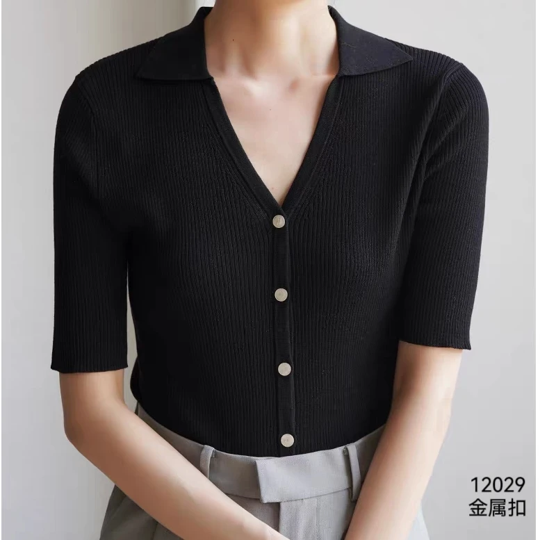 12029（部分无水洗唛，介意慎拍）WANGDAN新款v领翻领开衫短袖