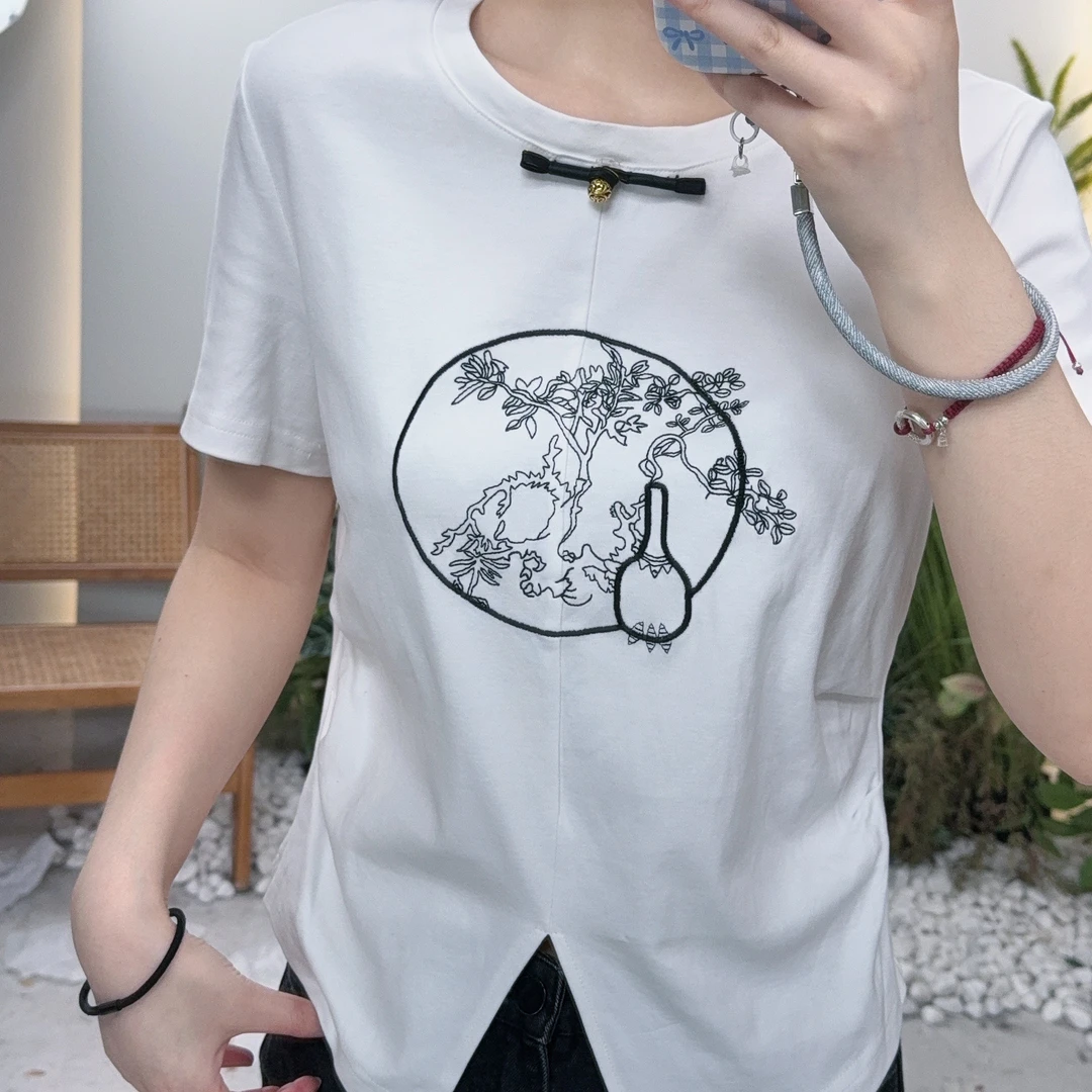 Lagogo/拉谷谷白色圆领重工中国风国潮修身半袖百搭NATT313H01