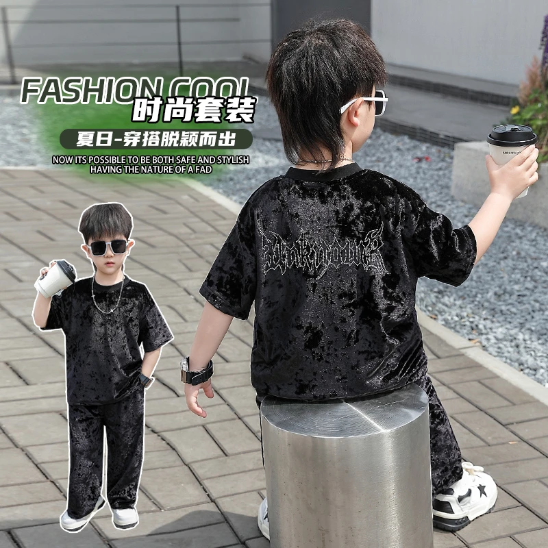 无品牌2025夏季新品丝绒短袖长裤童装套装新款洋气夏季薄款两件套