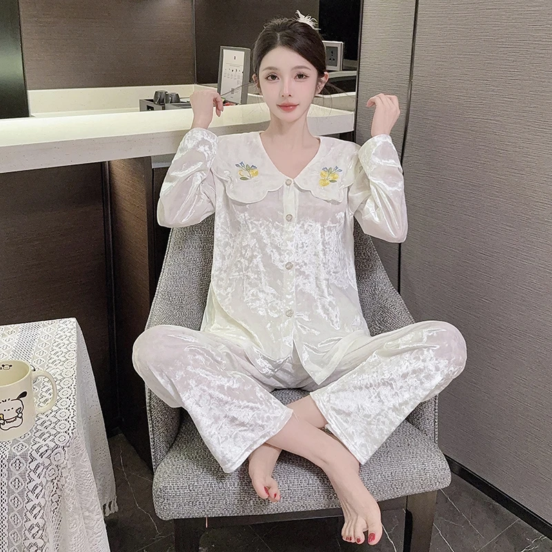 仙女风睡衣女款爆款2025新款秋冬季金丝绒蕾丝绣花长袖开衫家居服