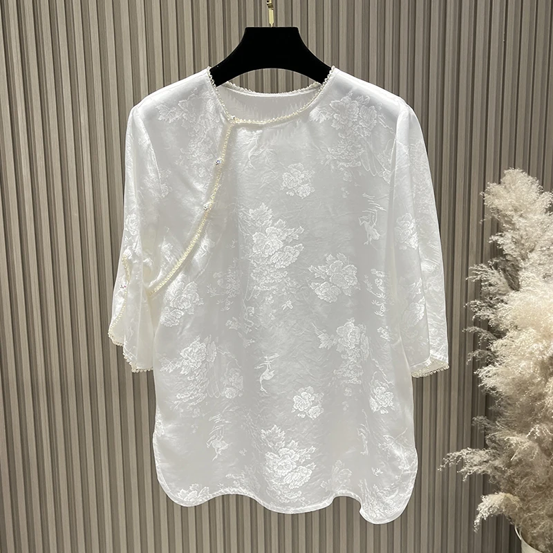 上衣新中式夏季复古中国风提花衬衫女装