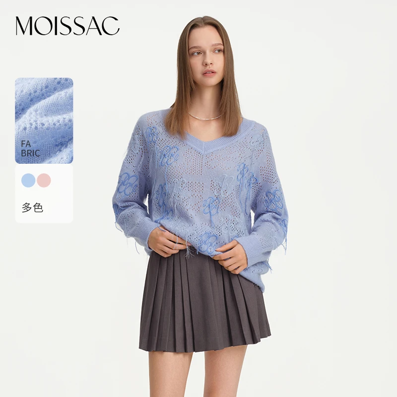 商场同款 摩萨克2025春新款刺绣流苏logo毛针织上衣女MWFC31001