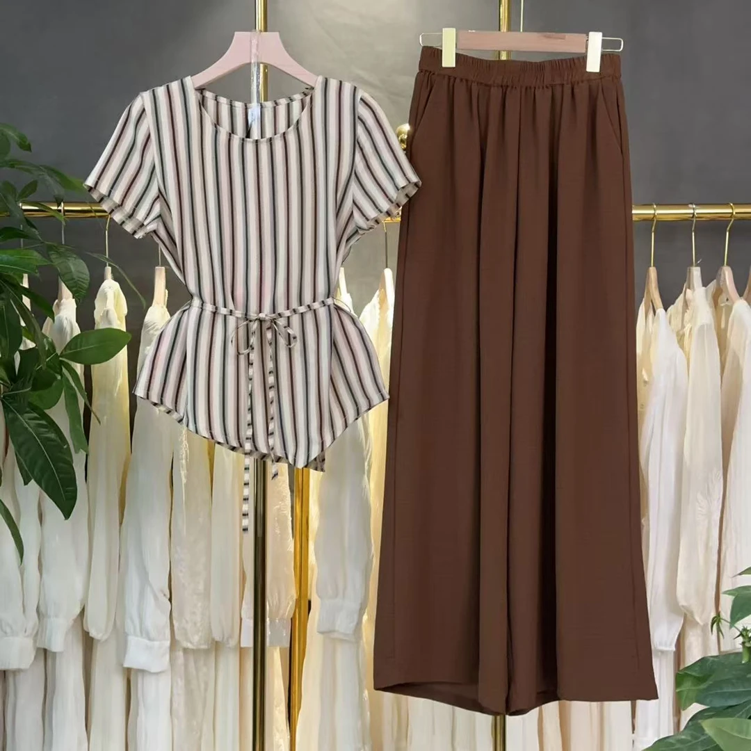 【三件套】时尚套装2025新款夏高级感洋气上衣+休闲裤+腰带套装M308