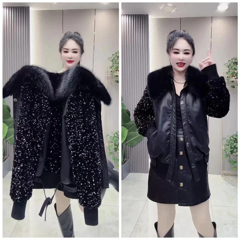 胖mm大码女装冬季新款时尚气质显瘦水洗皮拼接亮片羊羔毛加绒外套
