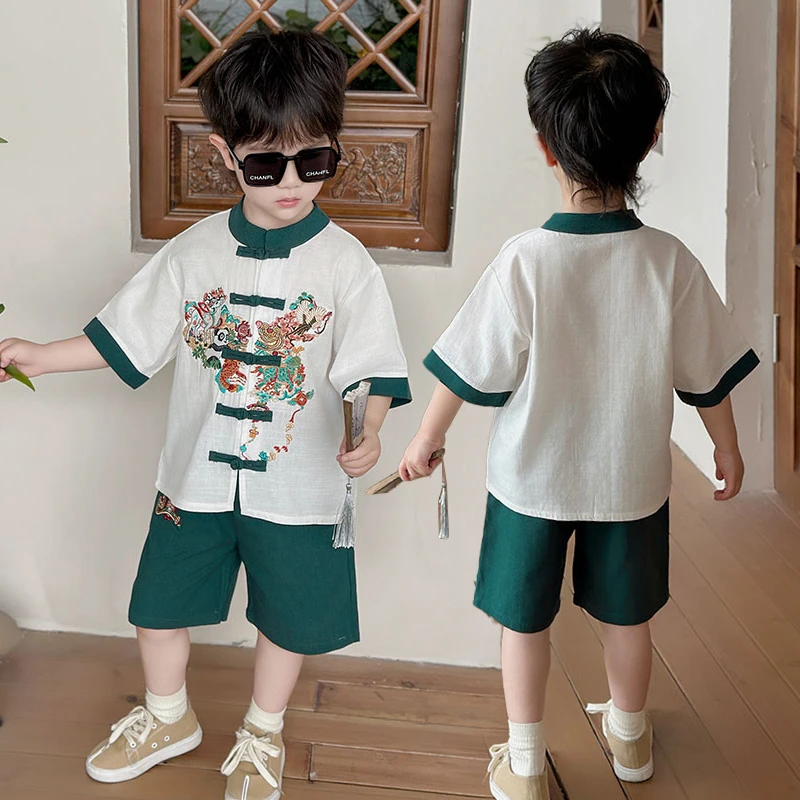 男童夏季汉服短袖套装2025新款儿童中国风唐装男孩古风演出服夏装