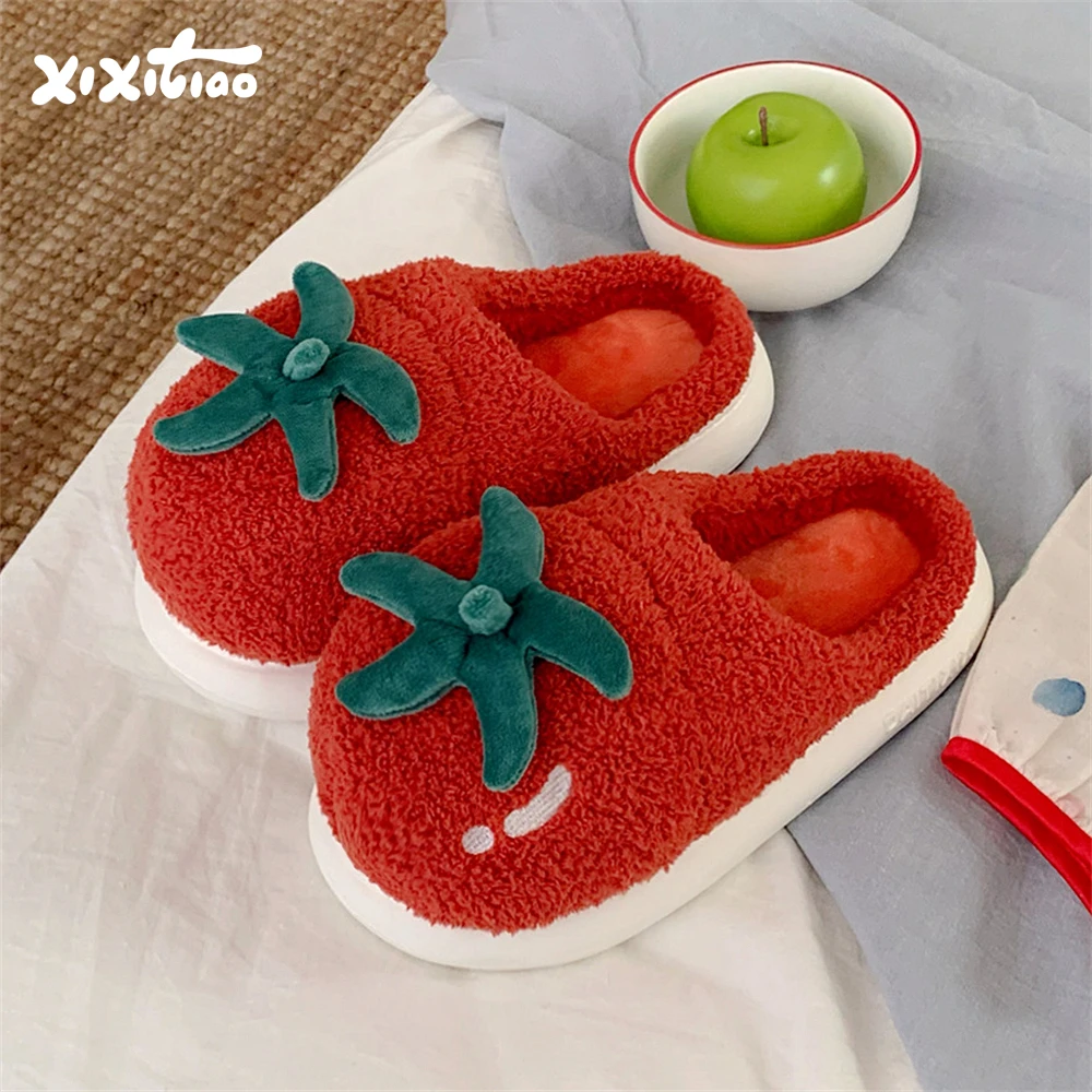 细细条 冬季新款可爱番茄棉拖鞋女士月子保暖室内居家厚底毛毛鞋