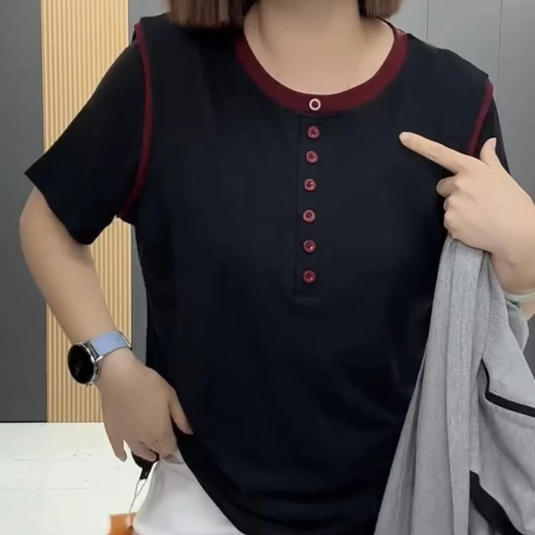 影3044时尚洋气显瘦百搭圆领撞色小扣子半袖衫