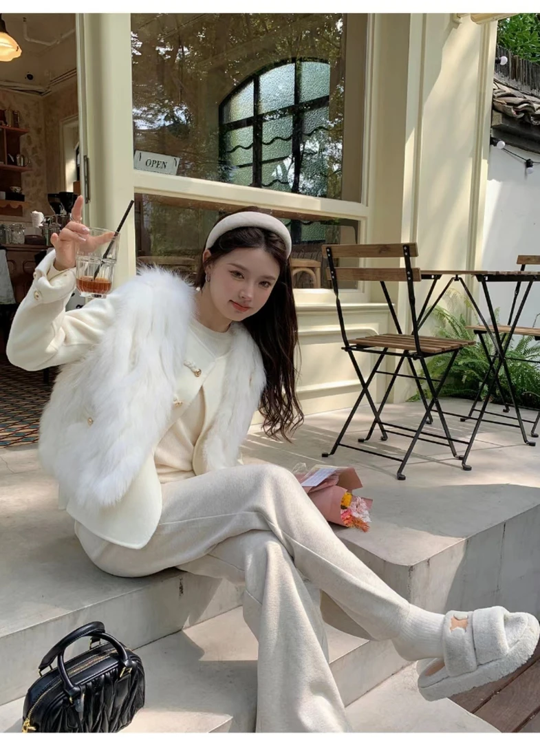 冬季新品轻奢皮毛草马甲外套+呢大衣两件套装#8829