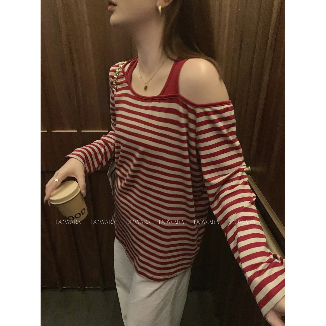 现货大婉酱微胖定制莱赛尔条纹露肩T恤设计感假两件显瘦上衣9970D