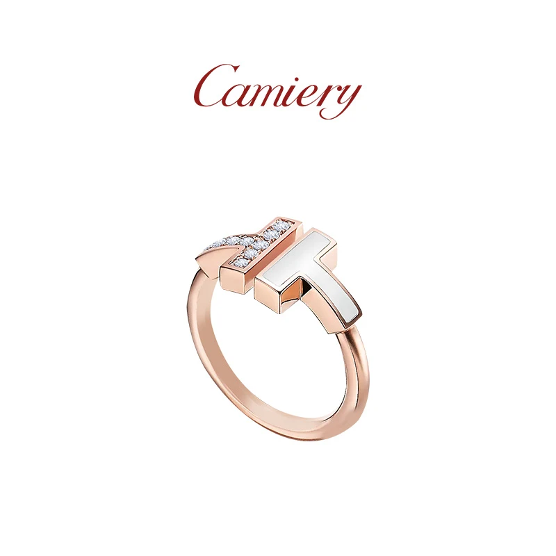 CAMIERY 时尚轻奢高级T型戒指带钻玫瑰金精致
