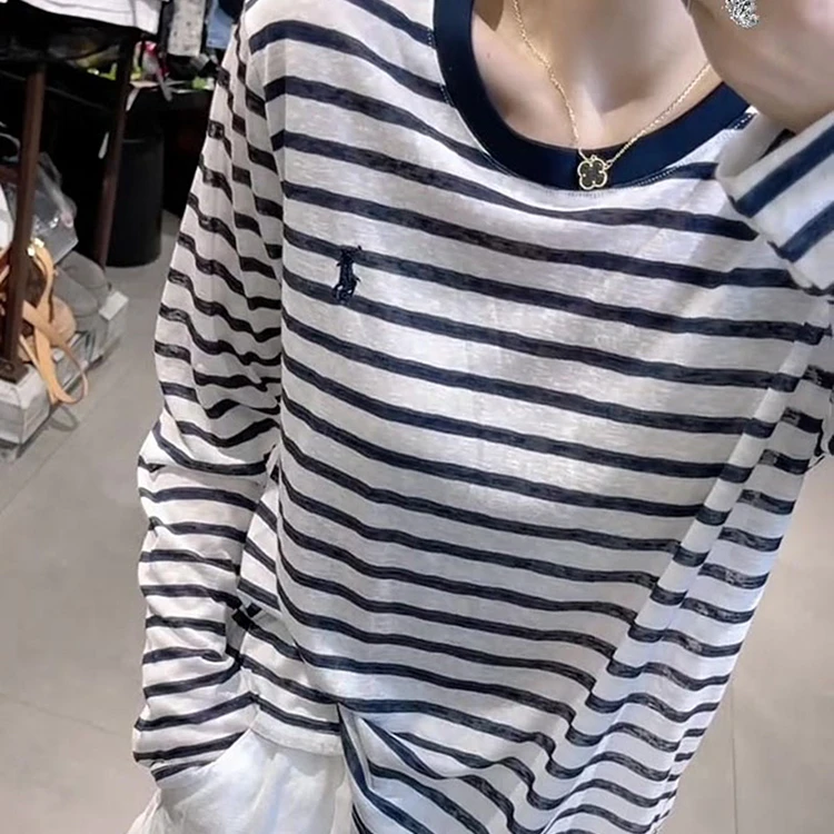 高级感慵懒风长袖t恤条纹上衣女款2025年秋季新款内搭打底衫上衣