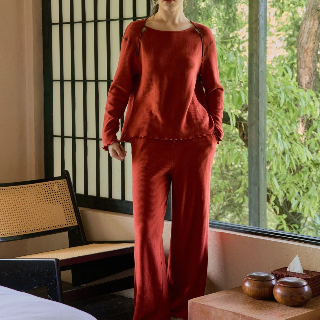 朵朵可可dw252cz195秋冬女士针织磨毛镂空竖条圆领套头睡衣家居服