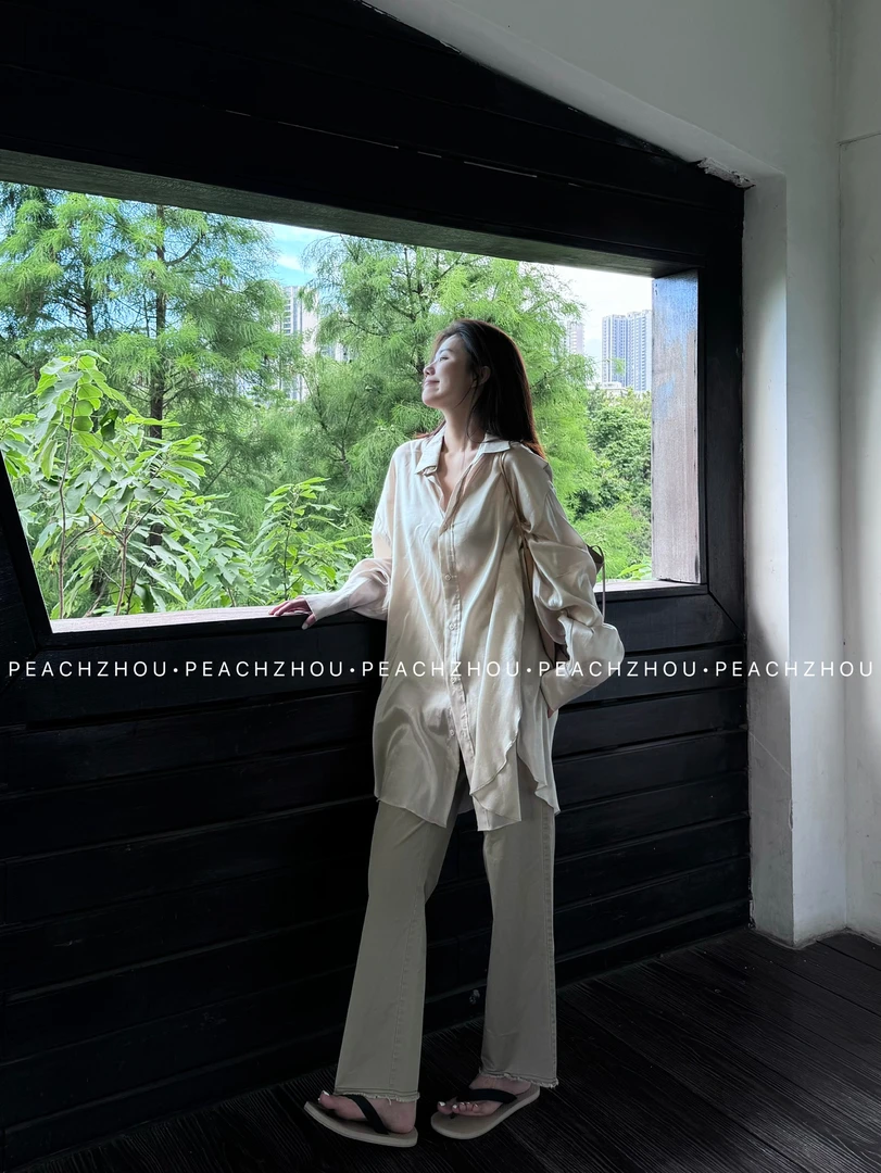 『PEACHZHOU』丝光纯欲高级感宽松翻领衬衫极简休闲纯色长袖