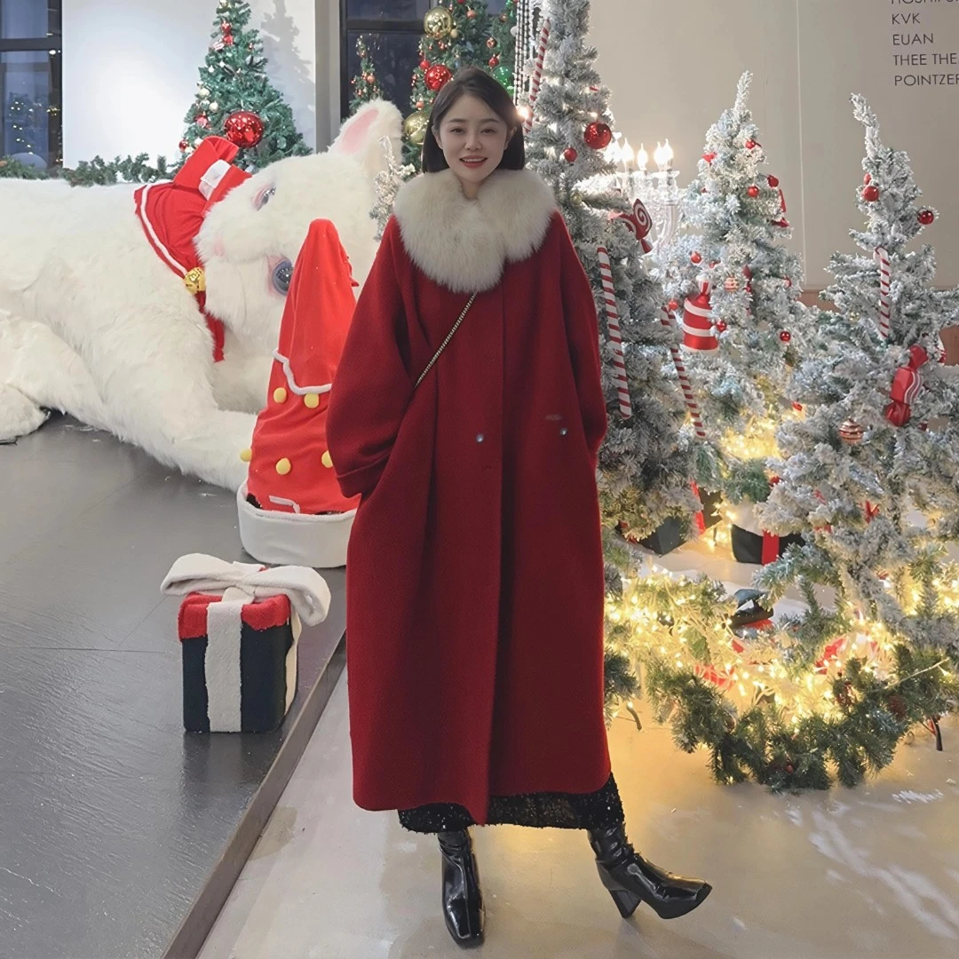 【丹麦童话】2025新款韩版冬季狐狸毛领双面毛呢大衣宽松显瘦保暖
