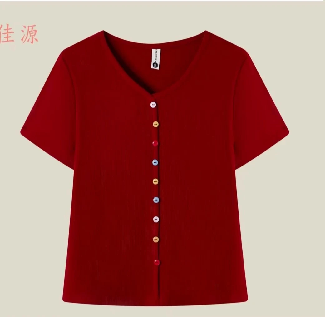 2025年新款洋气百搭V领休闲打底小衫夏季气质减年显瘦妈妈装夏季