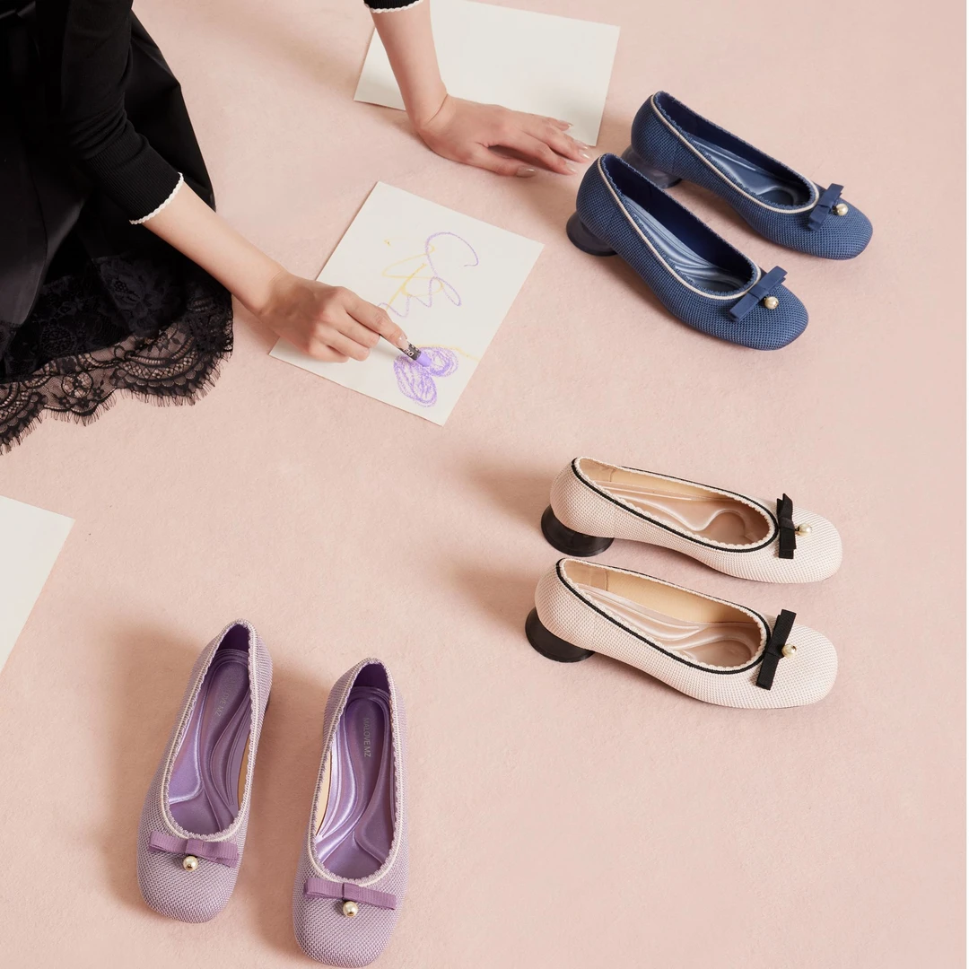 MALOVEMZ浅口单鞋女蝴蝶结粗跟软底2025春夏新款法式玛丽珍女鞋