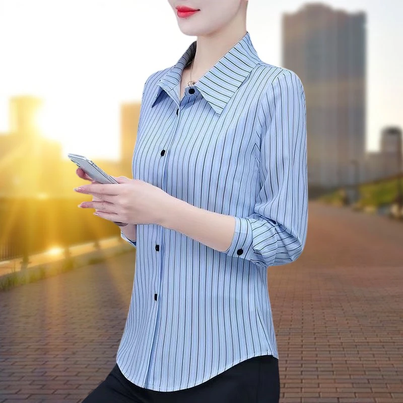 衬衫显瘦气质衬衣长袖洋气打底条纹韩版春秋时尚休闲百搭夏季宽松