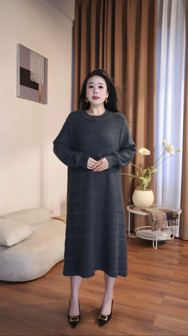 8048 气质女神时尚圆领复古气质减龄显瘦连衣裙