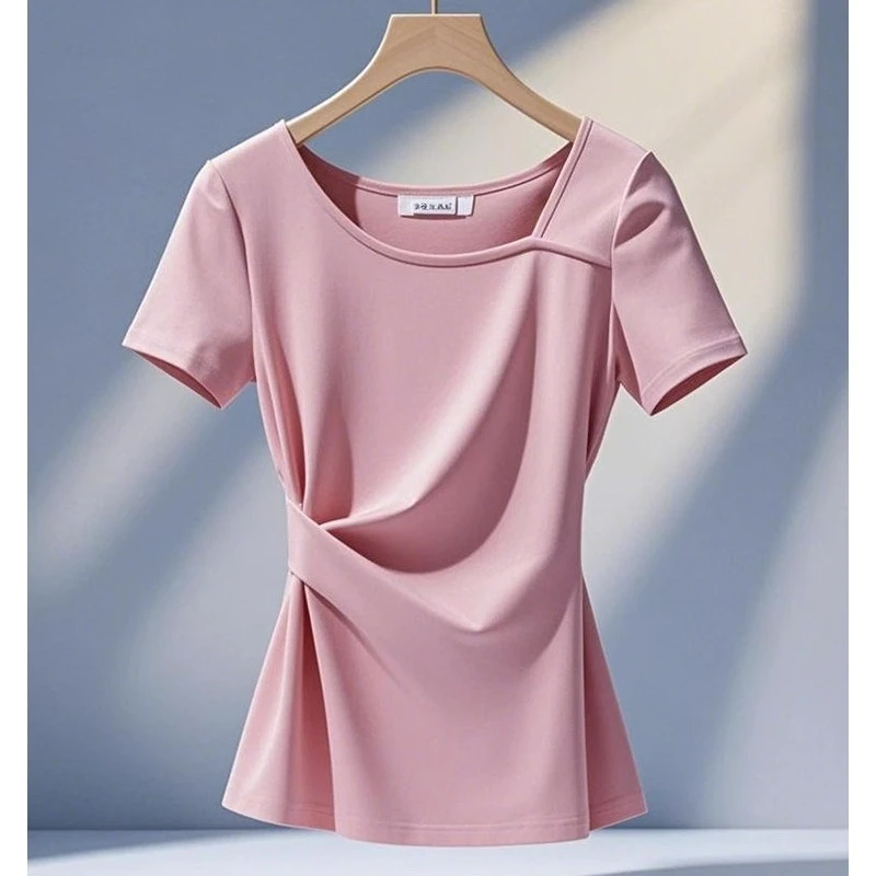 今年流行爆款多巴胺轻奢独特漂亮上衣女夏季时尚洋气粉色短袖T恤