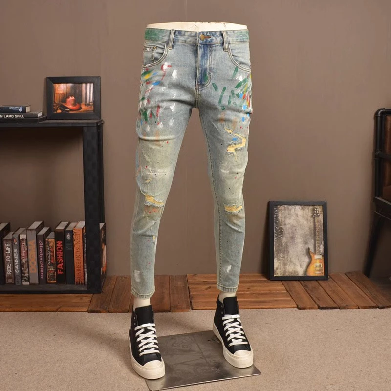 【JJ】破洞九分牛仔弹力修身小脚潮牌高端喷漆涂鸦休闲紧身男士裤