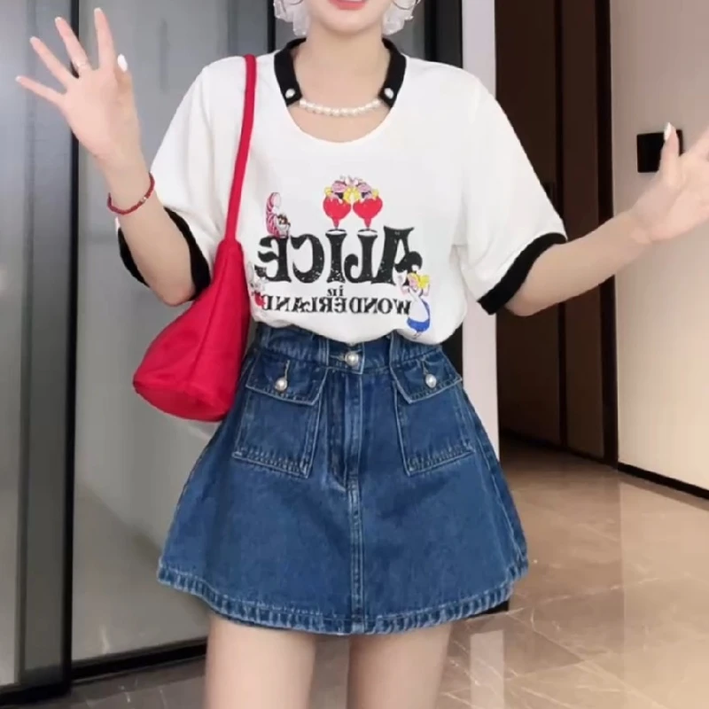 韩版夏季撞色上衣可拆卸珍珠链条+ 高腰显瘦小A版裙裤LK2503932