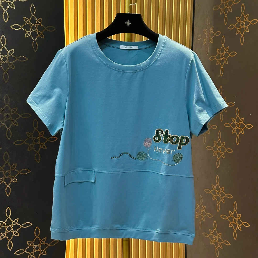 【宠粉福利】40-60岁精致女性 减龄时尚百搭显瘦刺绣圆领短袖#9631