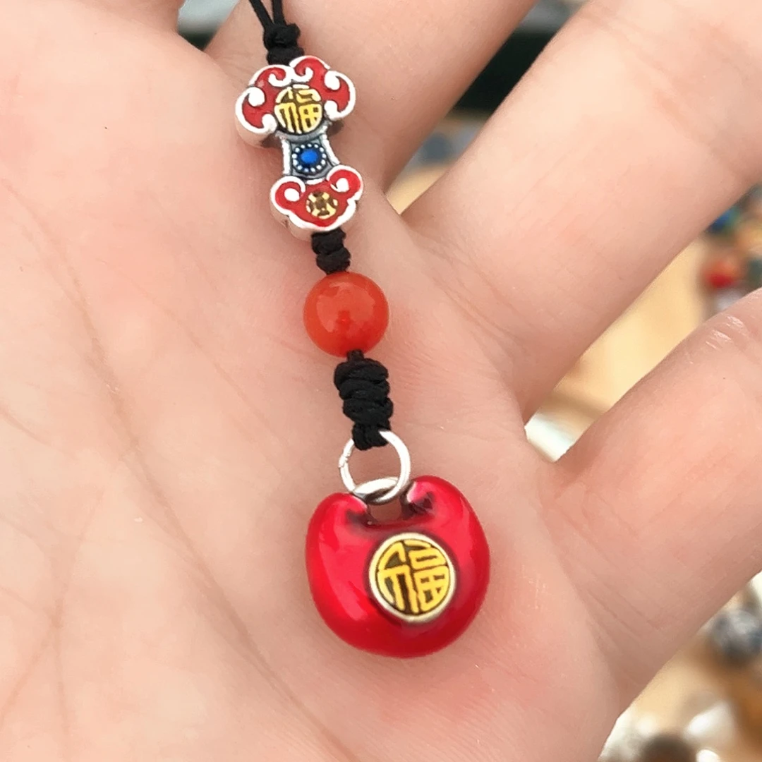 吊坠足银珐琅小胖福手机吊坠