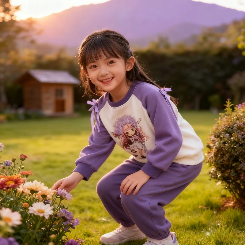 小女孩印花紫绿双色套装糖豆公主女童休闲套装两件套