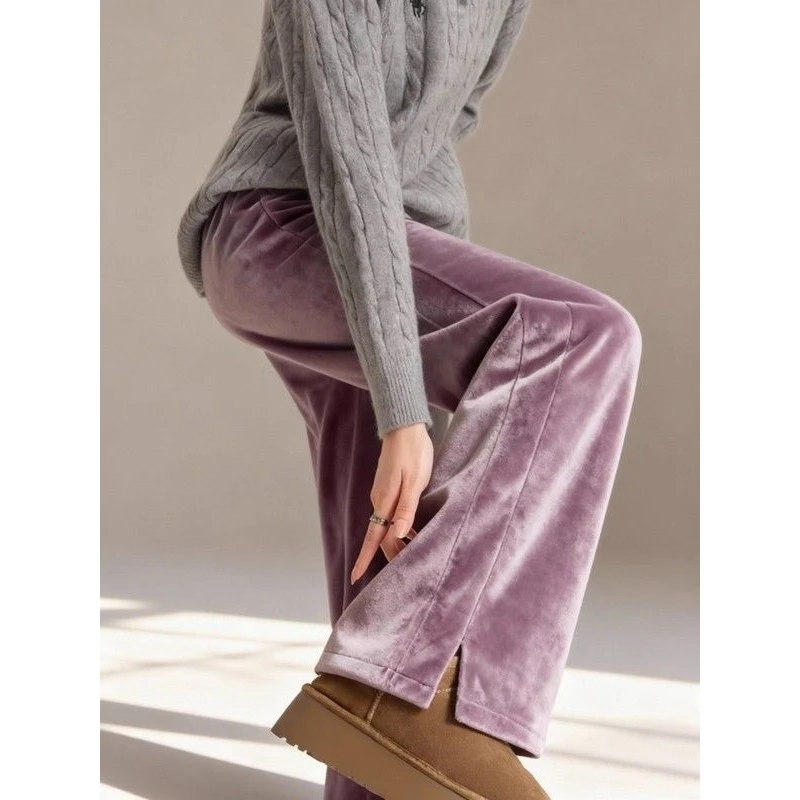 法式轻奢紫色丝绒开叉休闲裤垂感软糯裤子冬季加绒加厚窄版阔腿裤