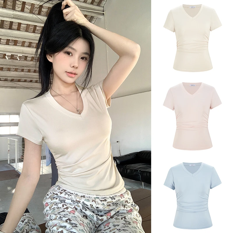 【现货专属】62862软糯V领正肩短款上衣修身显瘦百搭短袖T恤
