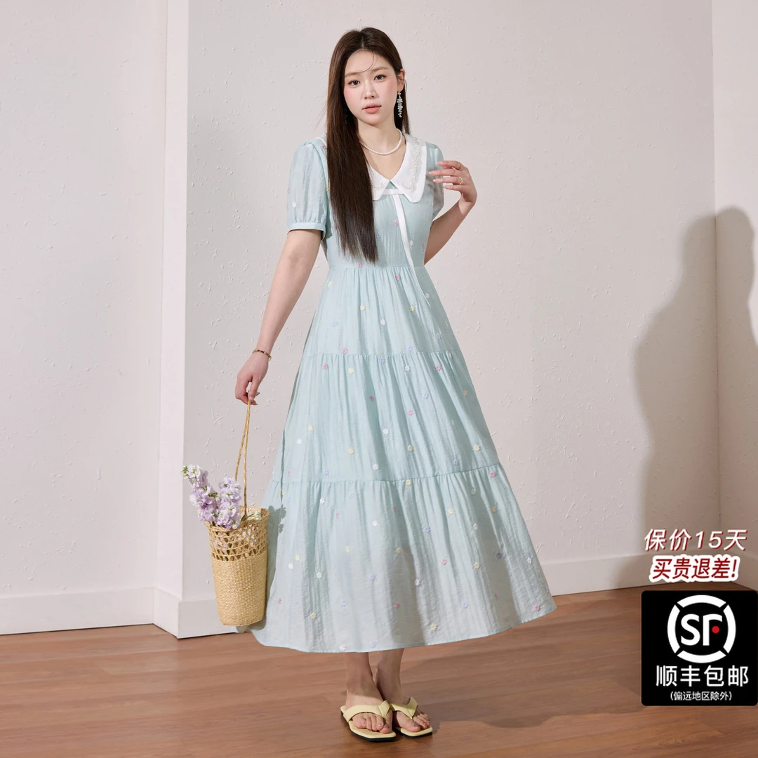 蓝语大码女装甜美连衣裙夏季轻薄透气优雅收腰巨显瘦长裙12170