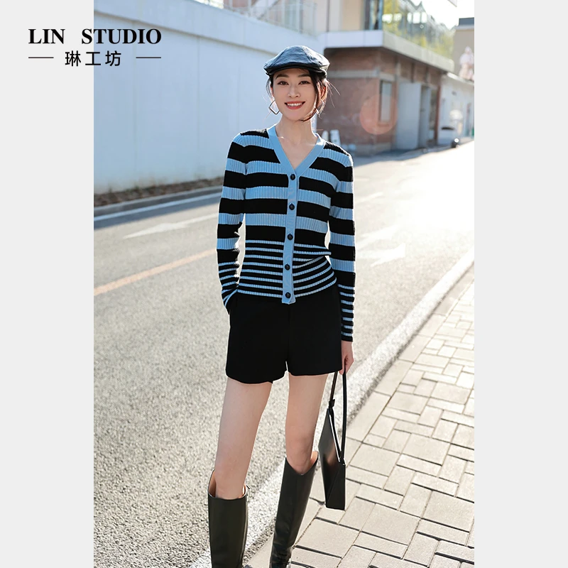 【100%绵羊毛】琳工坊“霖默”蓝黑条纹针织衫V领时尚气质唐琳设计师