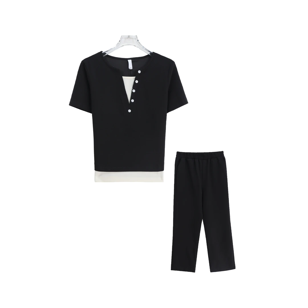 简约宽松洋气拼接短袖运动休闲裤套装S1879