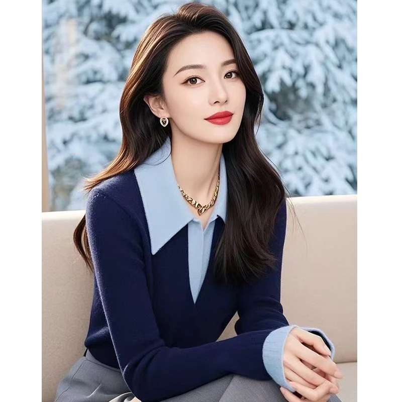 YY#别致气质上衣蓝色拼接毛衣polo领针织打底衫冬季新款DY11821