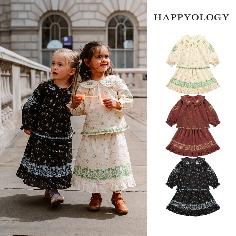 Happyology英国儿童秋冬新款撞色绣花女童上衣衬衫外套半裙套装