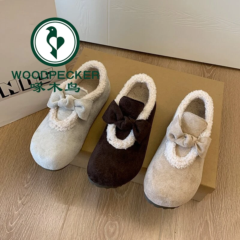 啄木鸟蝴蝶结厚底勃肯鞋女2025冬季加厚加绒保暖棉鞋平底单鞋女