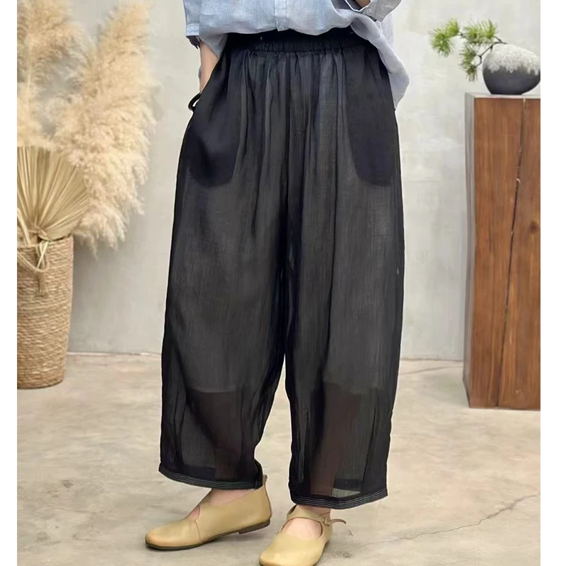 复古双层苎麻松紧腰休闲裤女夏文艺百搭哈伦裤