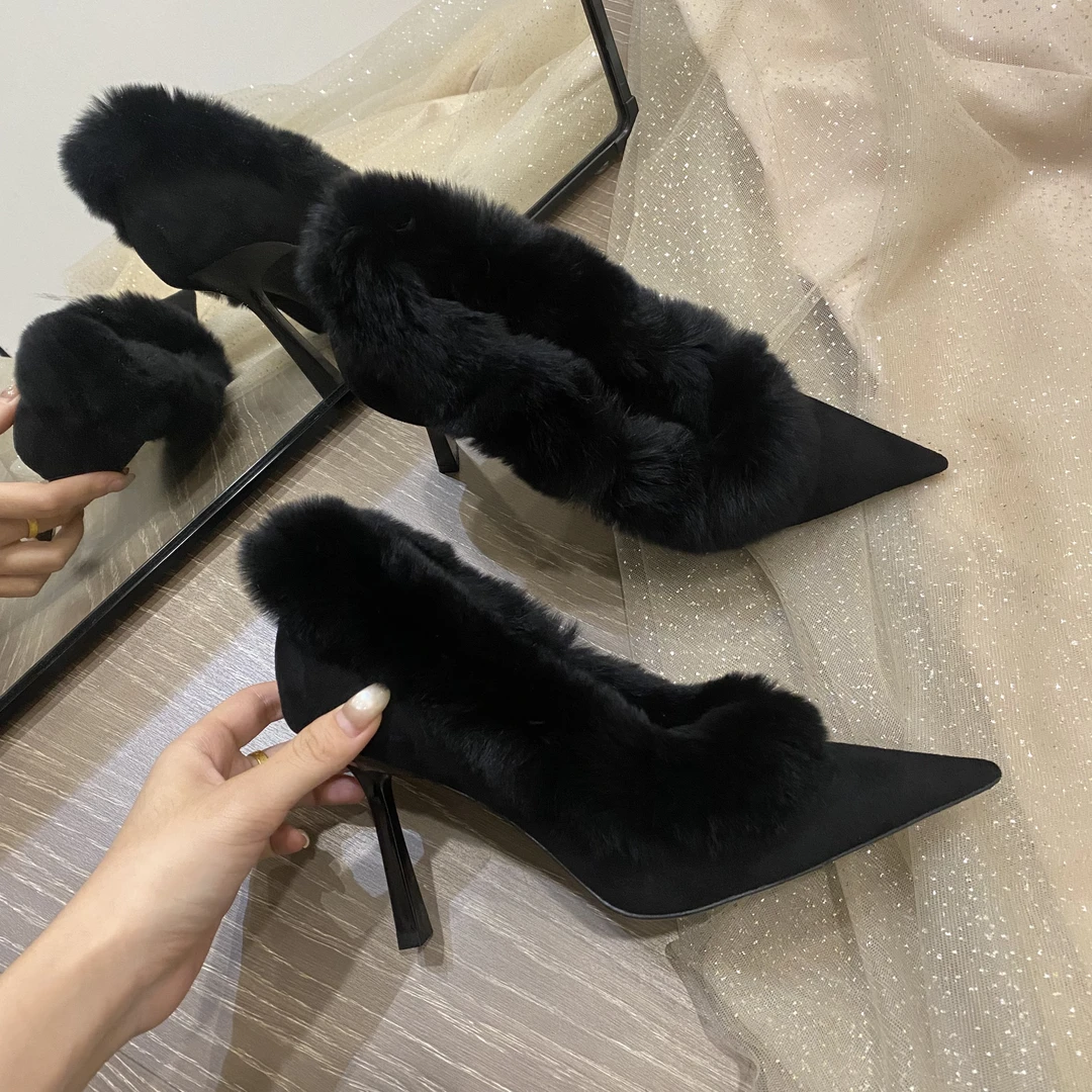 2025秋冬新款女士黑色尖头高跟鞋细跟单鞋毛毛鞋加绒女鞋