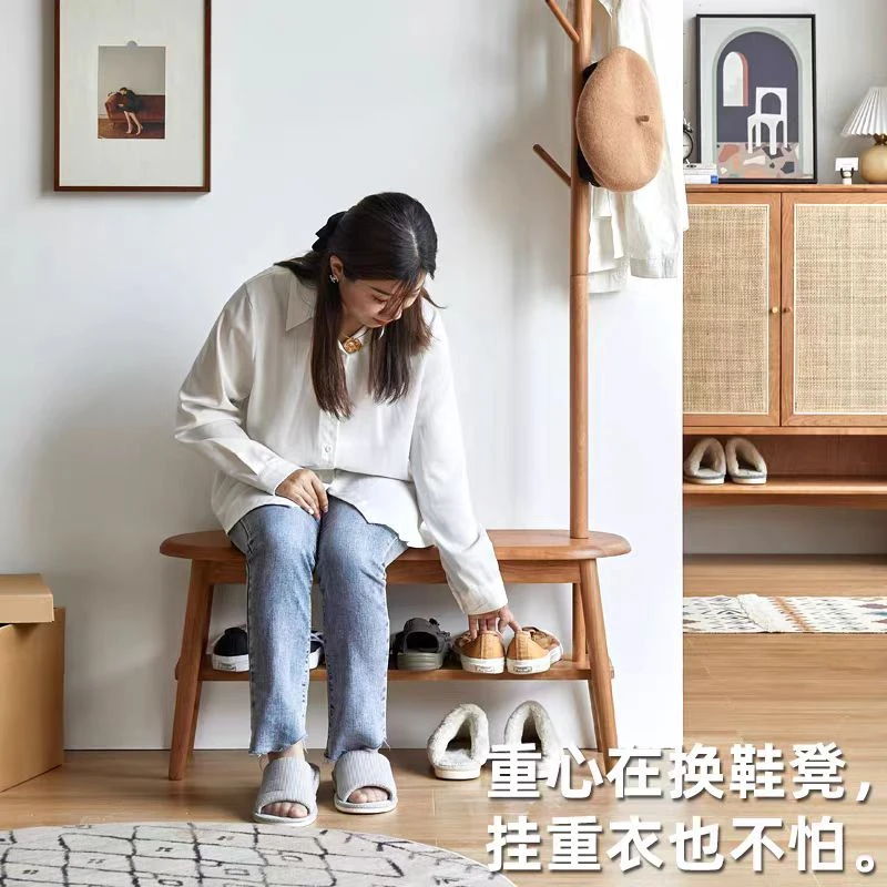 实木换鞋凳北欧简约小户型入户门玄关挂衣架黑胡桃多功能鞋架凳子