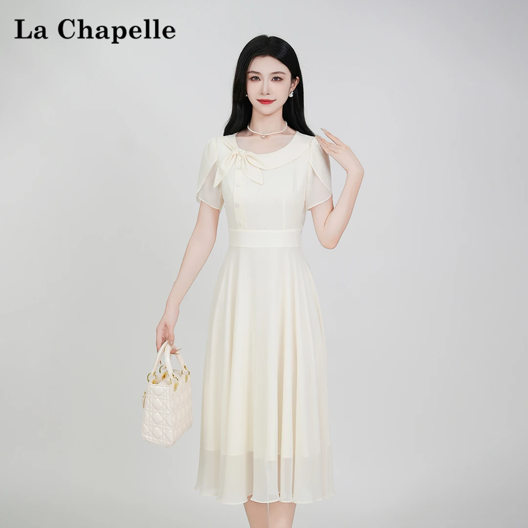 【拉夏贝尔】夏季法式设计感显瘦松紧腰短袖连衣裙