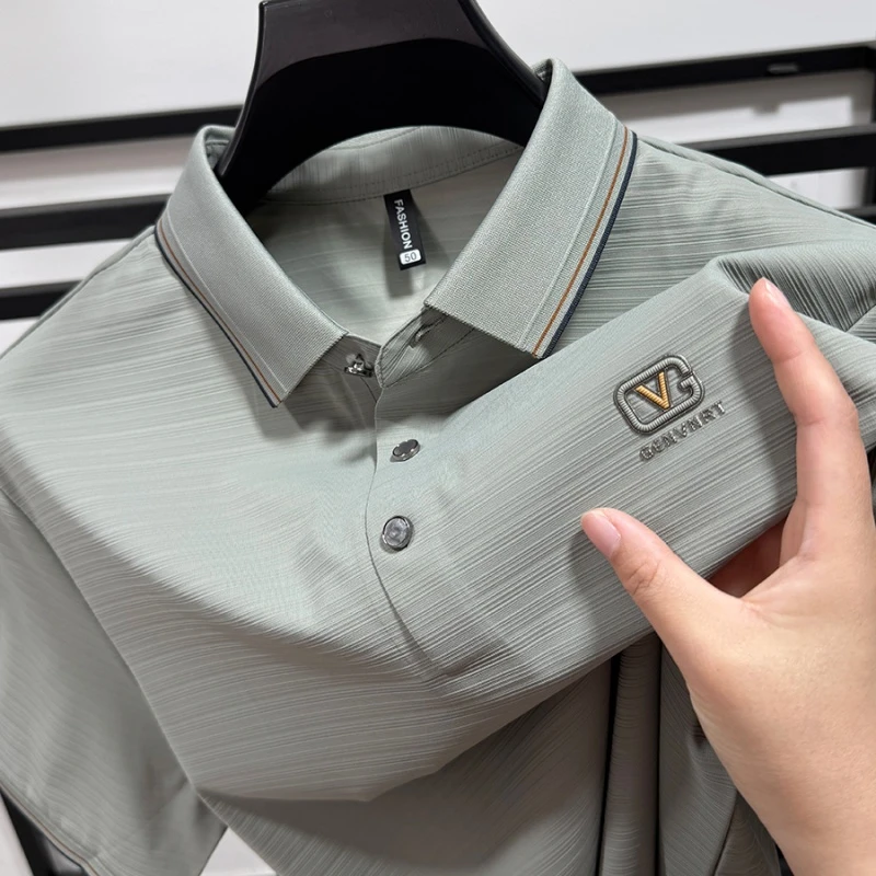 CATIA SELI凉爽高级冰丝开叉POLO衫男翻领无痕短袖T恤休闲商务男