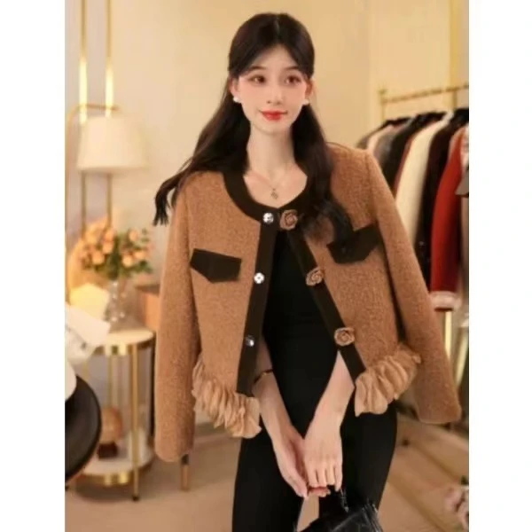 2025新款小香风外套短款花朵拼接设计感夹棉上衣短外套