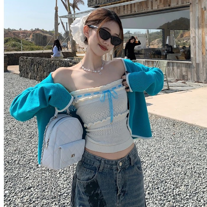 奈莉甜酒 设计感针织开衫上衣女修身抹胸性感辣妹背心女