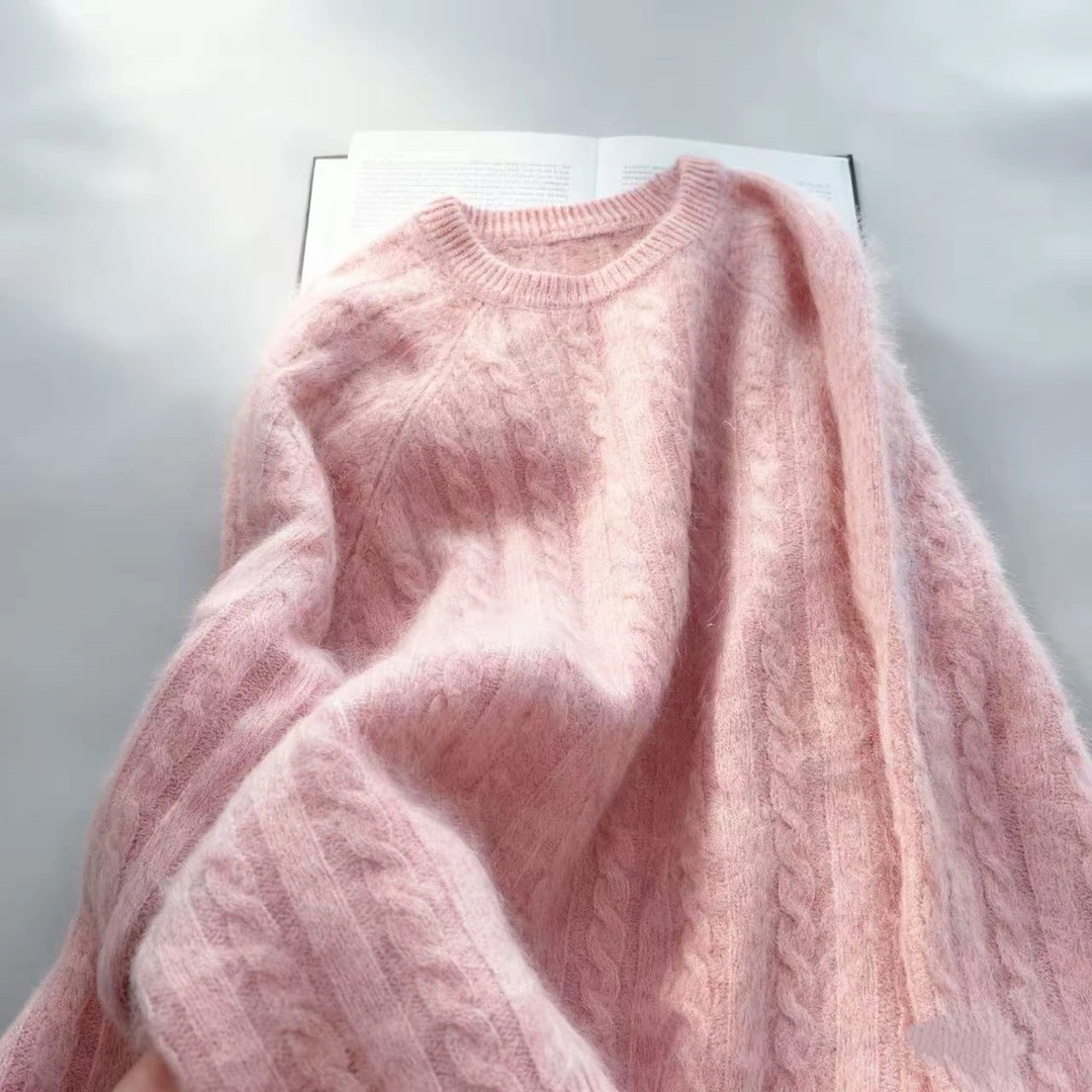 【暖云】 100%羊毛拉绒圆领麻花毛衣女高级感长袖软糯针织